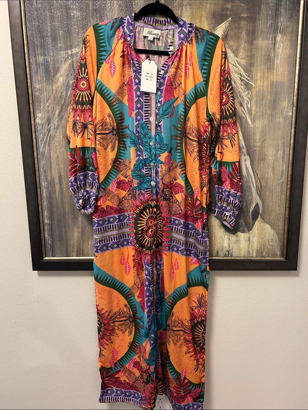 Bianca Paris Orange Multicolor Printed Maxi Dress with Teal & Purple Accents T1